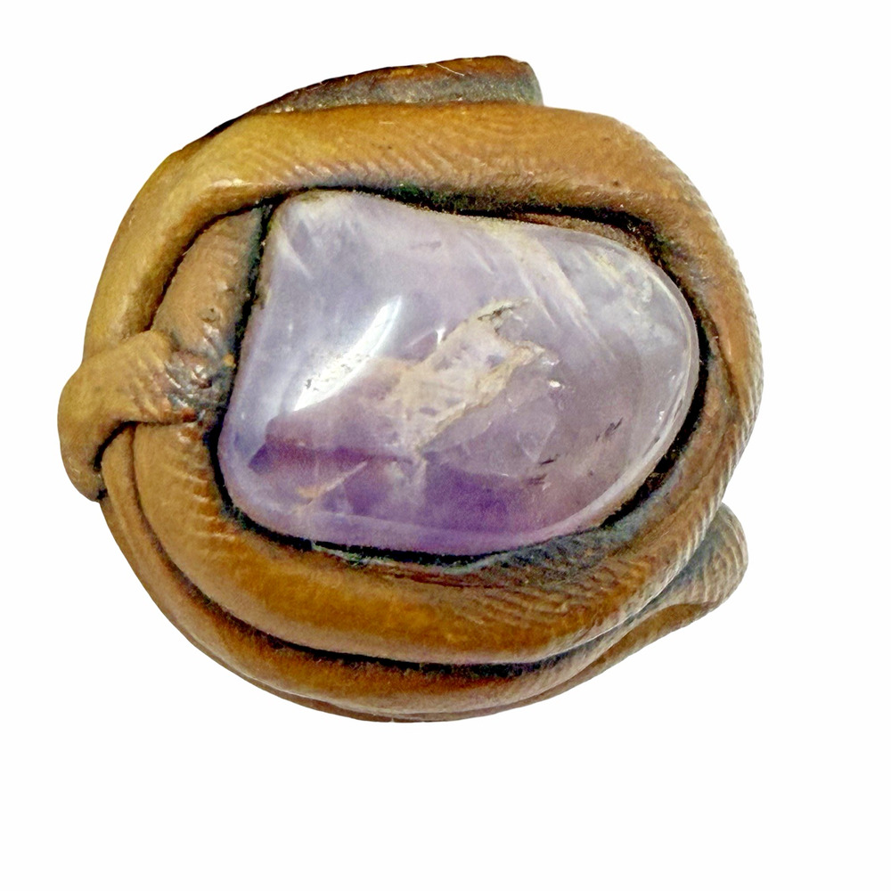 Vintage Bohemian Studio Craft Wrapped Amethyst-Tone Stone w/ Bamboo Base – Folk